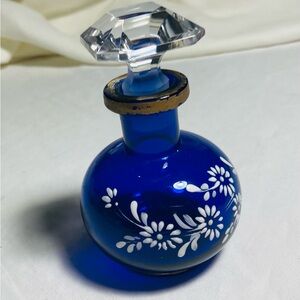 Antique cobalt cut crystal perfume bottle jewel faceted stopper enamel flowers